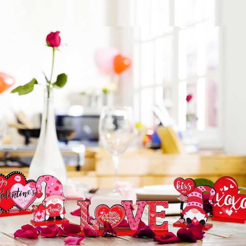 Yookeer 5 Pcs Valentine's Day Wooden Table Sign Decoration Freestanding Table Centerpiece Sign Romantic Love Heart Shape Home Decor Tiered Tray Wood Gnome Valentines Day Accessories for Table Wedding Party - Image 4