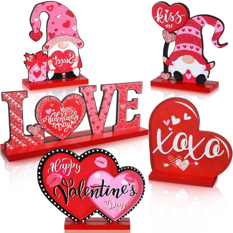 Yookeer 5 Pcs Valentine's Day Wooden Table Sign Decoration Freestanding Table Centerpiece Sign Romantic Love Heart Shape Home Decor Tiered Tray Wood Gnome Valentines Day Accessories for Table Wedding Party - Image 1