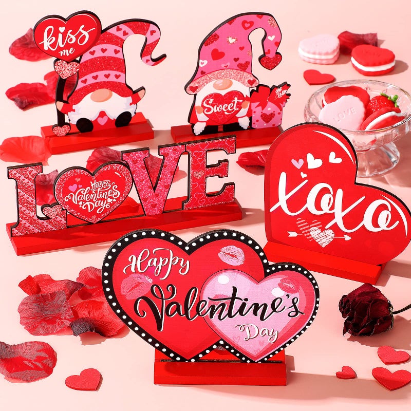 Yookeer 5 Pcs Valentine's Day Wooden Table Sign Decoration Freestanding Table Centerpiece Sign Romantic Love Heart Shape Home Decor Tiered Tray Wood Gnome Valentines Day Accessories for Table Wedding Party - Image 3