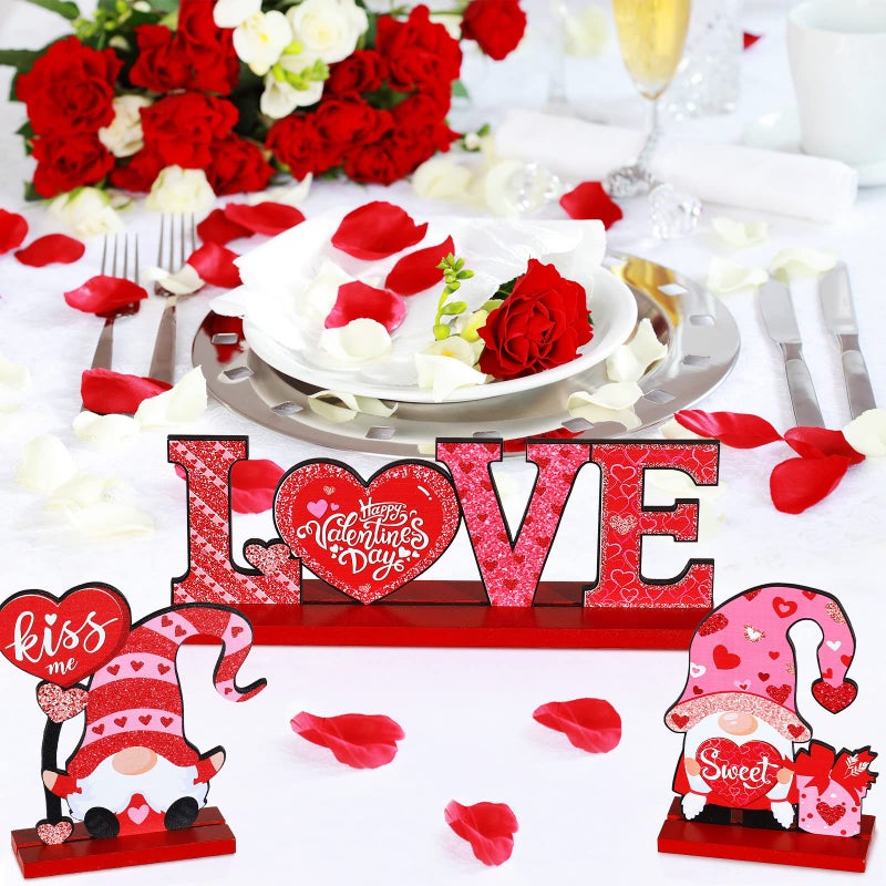 Yookeer 5 Pcs Valentine's Day Wooden Table Sign Decoration Freestanding Table Centerpiece Sign Romantic Love Heart Shape Home Decor Tiered Tray Wood Gnome Valentines Day Accessories for Table Wedding Party - Image 5