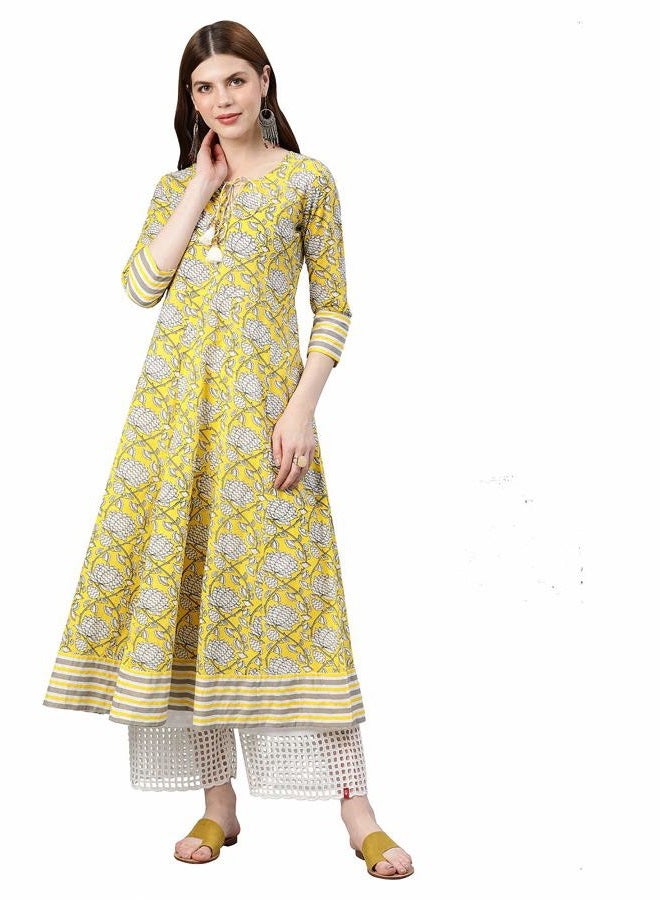 Yash Gallery Women's Cambric Cotton Floral Print Anarkali Kurta (X-Large Yellow) - Image 3