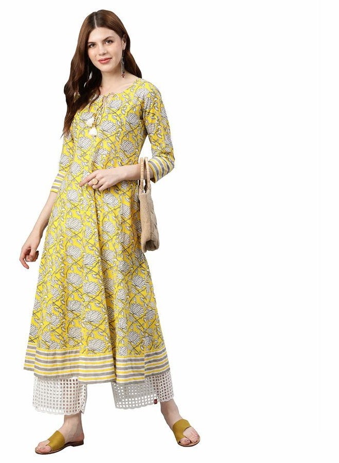 Yash Gallery Women's Cambric Cotton Floral Print Anarkali Kurta (X-Large Yellow) - Image 1