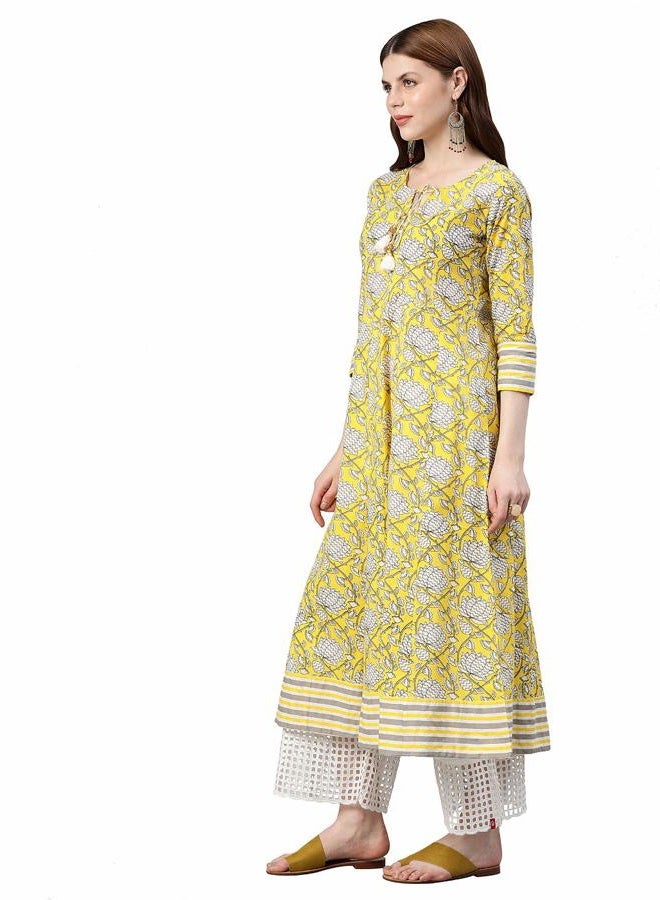Yash Gallery Women's Cambric Cotton Floral Print Anarkali Kurta (X-Large Yellow) - Image 2