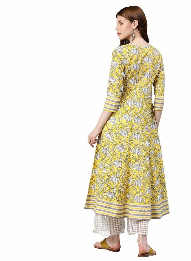 Yash Gallery Women's Cambric Cotton Floral Print Anarkali Kurta (X-Large Yellow) - Image 4