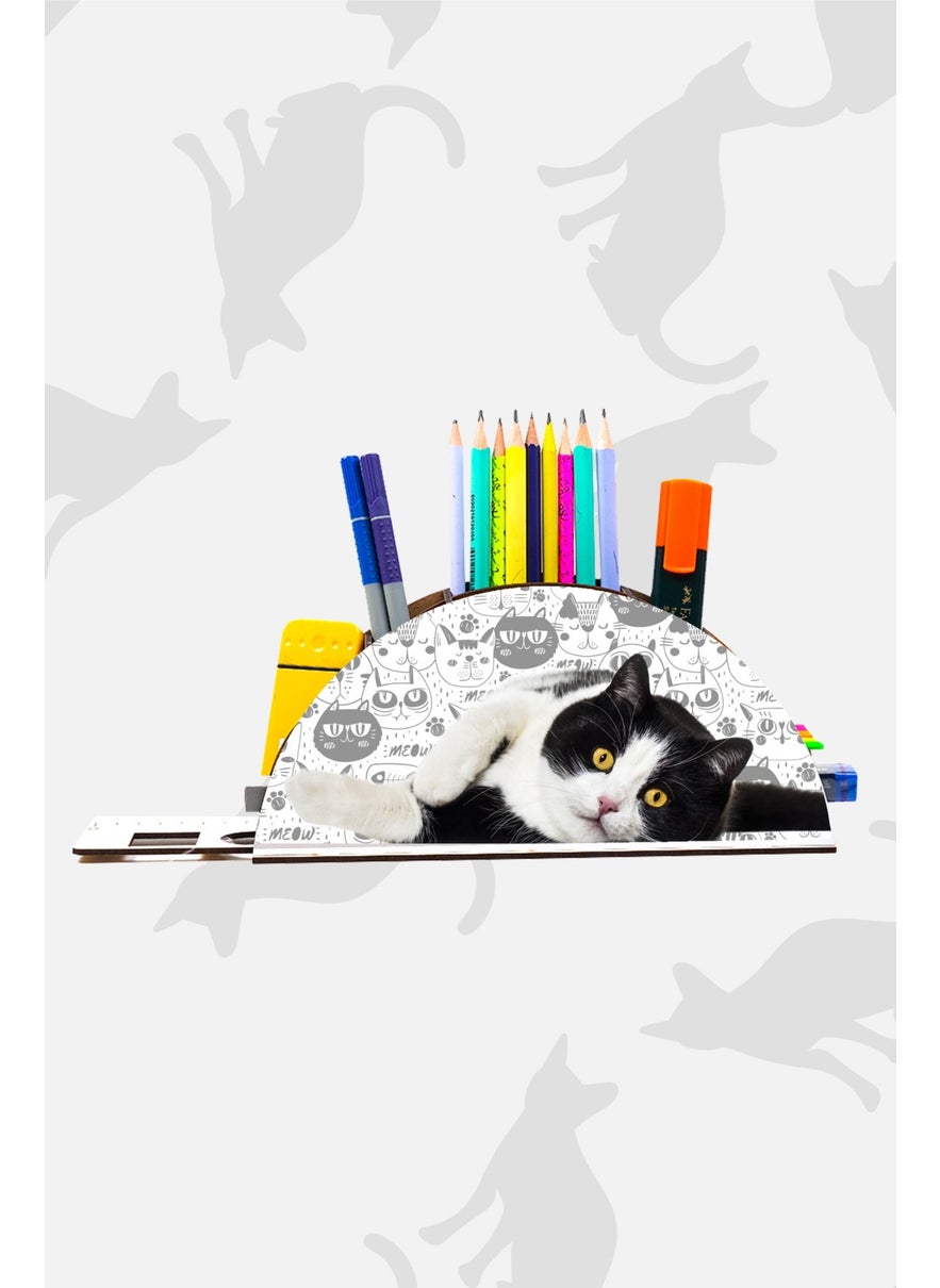 Notpa Wooden Black White Cat Rainbow Ruled Desktop Pencil Holder Box Organizer for Kids GK125  - Image 1