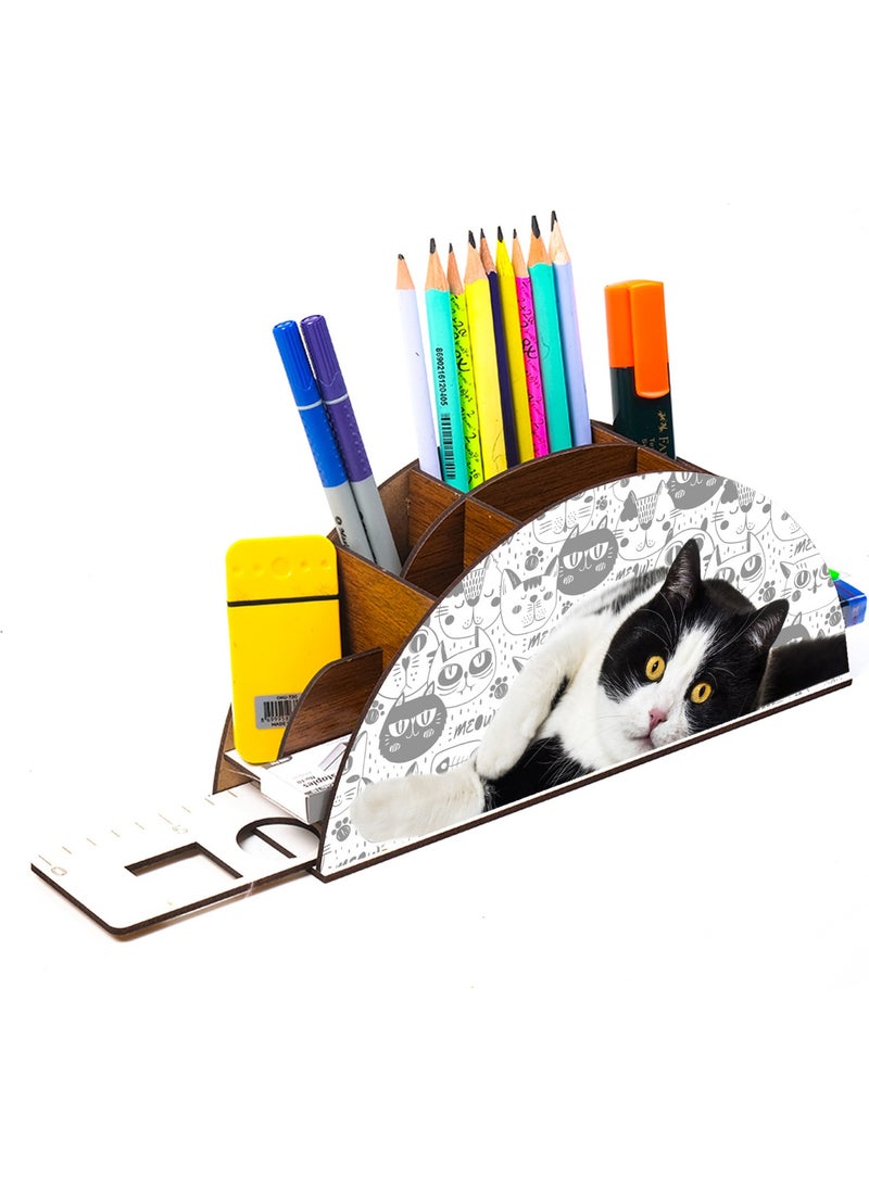 Notpa Wooden Black White Cat Rainbow Ruled Desktop Pencil Holder Box Organizer for Kids GK125  - Image 2