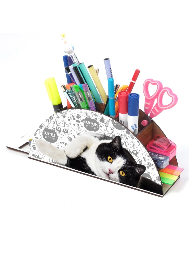 Notpa Wooden Black White Cat Rainbow Ruled Desktop Pencil Holder Box Organizer for Kids GK125  - Image 3
