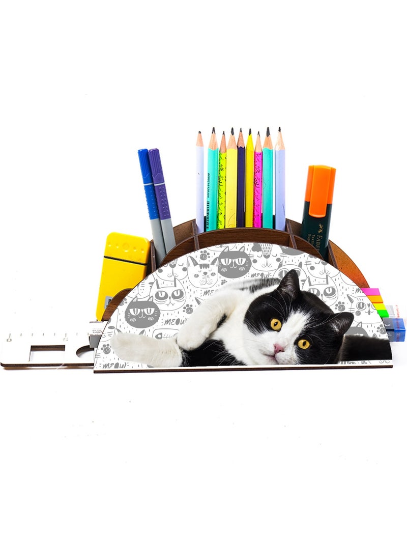 Notpa Wooden Black White Cat Rainbow Ruled Desktop Pencil Holder Box Organizer for Kids GK125  - Image 4