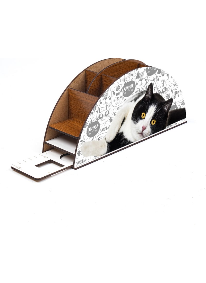Notpa Wooden Black White Cat Rainbow Ruled Desktop Pencil Holder Box Organizer for Kids GK125  - Image 5