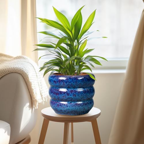 SQOWL Ceramic Planter Pot - 8 Inch Plant Pot Indoor with Drainage Hole Round Outdoor Pot for Plants Decorative Flower Pots Round Planter for Home Room Decor Blue - Image 5