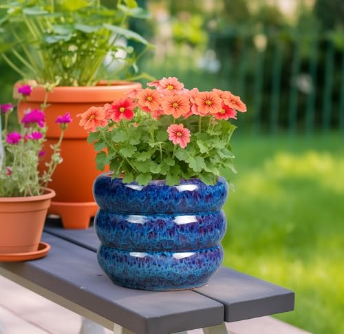 SQOWL Ceramic Planter Pot - 8 Inch Plant Pot Indoor with Drainage Hole Round Outdoor Pot for Plants Decorative Flower Pots Round Planter for Home Room Decor Blue - Image 2