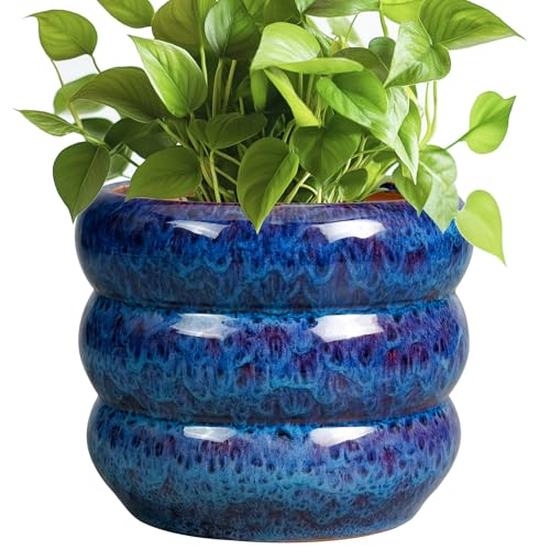 SQOWL Ceramic Planter Pot - 8 Inch Plant Pot Indoor with Drainage Hole Round Outdoor Pot for Plants Decorative Flower Pots Round Planter for Home Room Decor Blue - Image 1