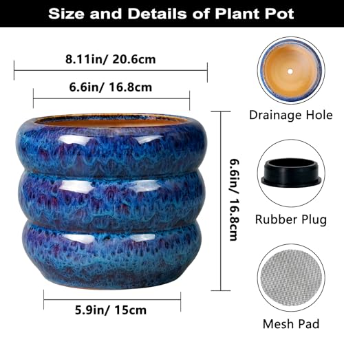 SQOWL Ceramic Planter Pot - 8 Inch Plant Pot Indoor with Drainage Hole Round Outdoor Pot for Plants Decorative Flower Pots Round Planter for Home Room Decor Blue - Image 3