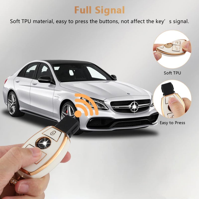 PIFOOG for Mercedes Key Fob Cover TPU Key Case Soft Car Keys Protector Fit Mercedes Benz AMG C E M S CLS CLA GLK GLA GLC GLE Smart Remote Key Keychain Girly Women White Gold - Image 5