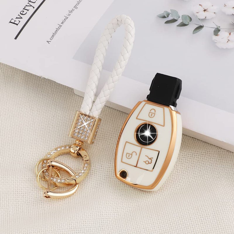 PIFOOG for Mercedes Key Fob Cover TPU Key Case Soft Car Keys Protector Fit Mercedes Benz AMG C E M S CLS CLA GLK GLA GLC GLE Smart Remote Key Keychain Girly Women White Gold - Image 3