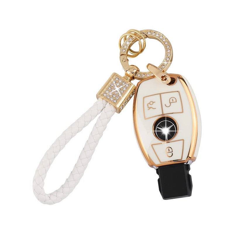 PIFOOG for Mercedes Key Fob Cover TPU Key Case Soft Car Keys Protector Fit Mercedes Benz AMG C E M S CLS CLA GLK GLA GLC GLE Smart Remote Key Keychain Girly Women White Gold - Image 1