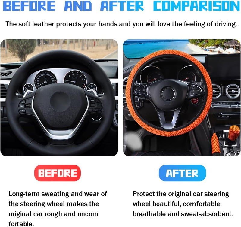Bittwee 3PCS 15Inch Car Steering Wheel Cover Armrest Cover Gear Shift Cover Set, Microfiber Breathable Anti-Slip Automotive Steering Wheel Protector, Vehicle Interior Decor, Universal Fit（Orange） - Image 3