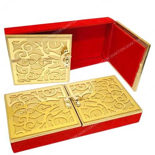 SHAKTISM Decorative Shagun Cash Gift Box for Money Gaddi, Gifting Sagan Wedding Occasion, Jewellery, Rectangle Shape - Golden and Red Valvet -1Pc (Shagun Box - Red Golden Fatak 2) - Image 1