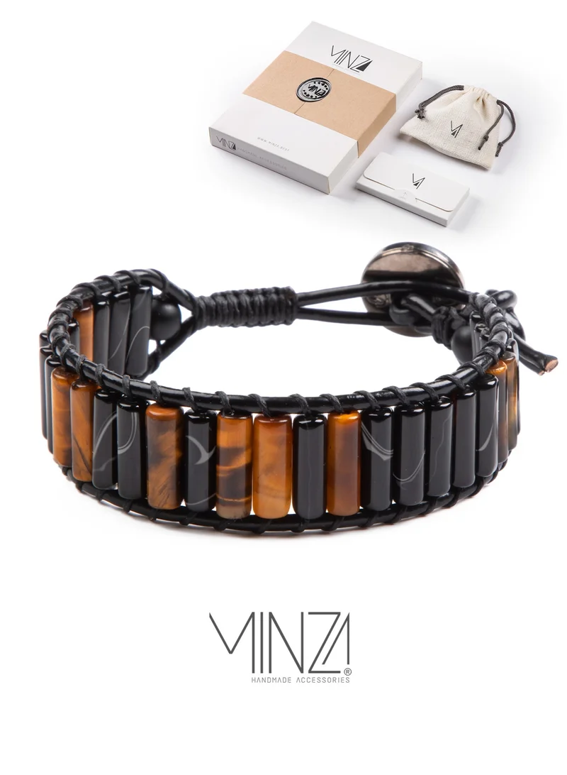 Minza Minza "Eye Tiger" Tiger Eye Stone Bracelet for Men, Handmade Leather Beaded Bracelet, Adjustable Jewelry for Casual & Special Occasion.
