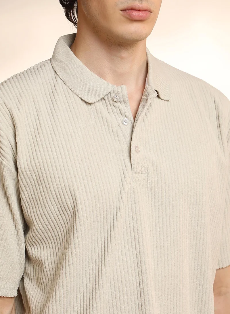 كامبوس سوترا Men's Saltbox Beige Ribbed Oversized Polo T-Shirt