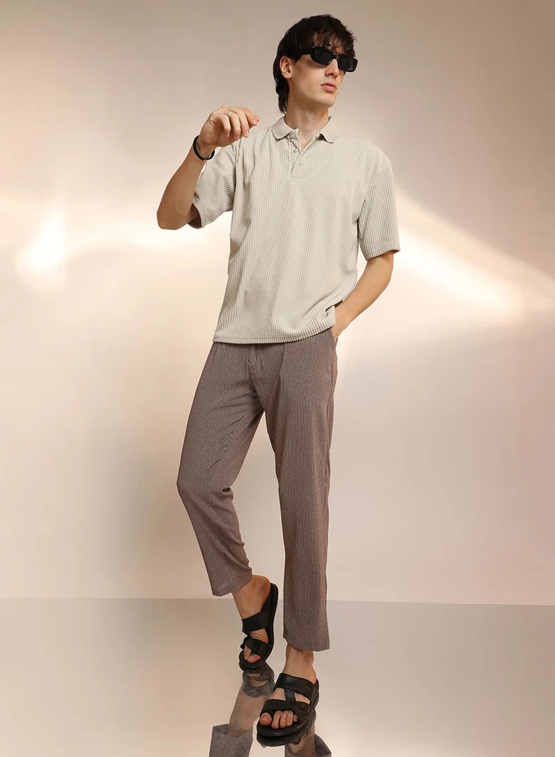 كامبوس سوترا Men's Saltbox Beige Ribbed Oversized Polo T-Shirt