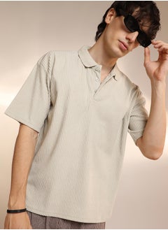 كامبوس سوترا Men's Saltbox Beige Ribbed Oversized Polo T-Shirt  - Image 1