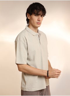 كامبوس سوترا Men's Saltbox Beige Ribbed Oversized Polo T-Shirt  - Image 2