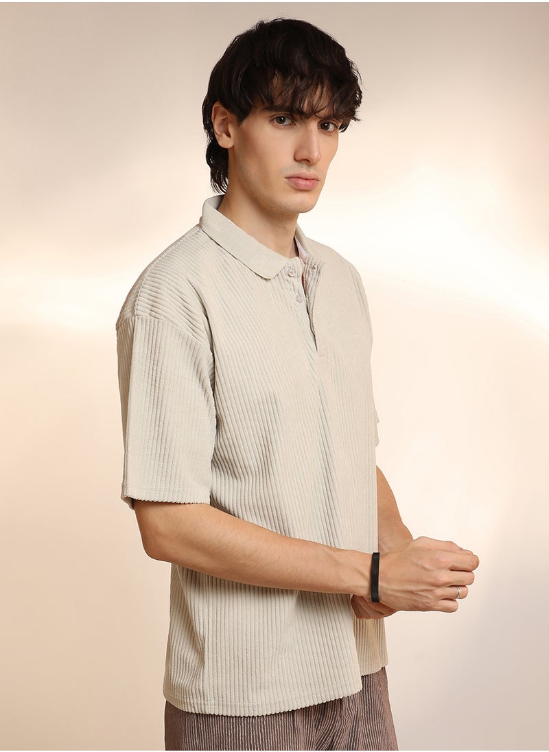 Campus Sutra Men's Saltbox Beige Ribbed Oversized Polo T-Shirt  - Image 2