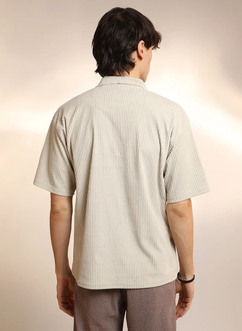 كامبوس سوترا Men's Saltbox Beige Ribbed Oversized Polo T-Shirt