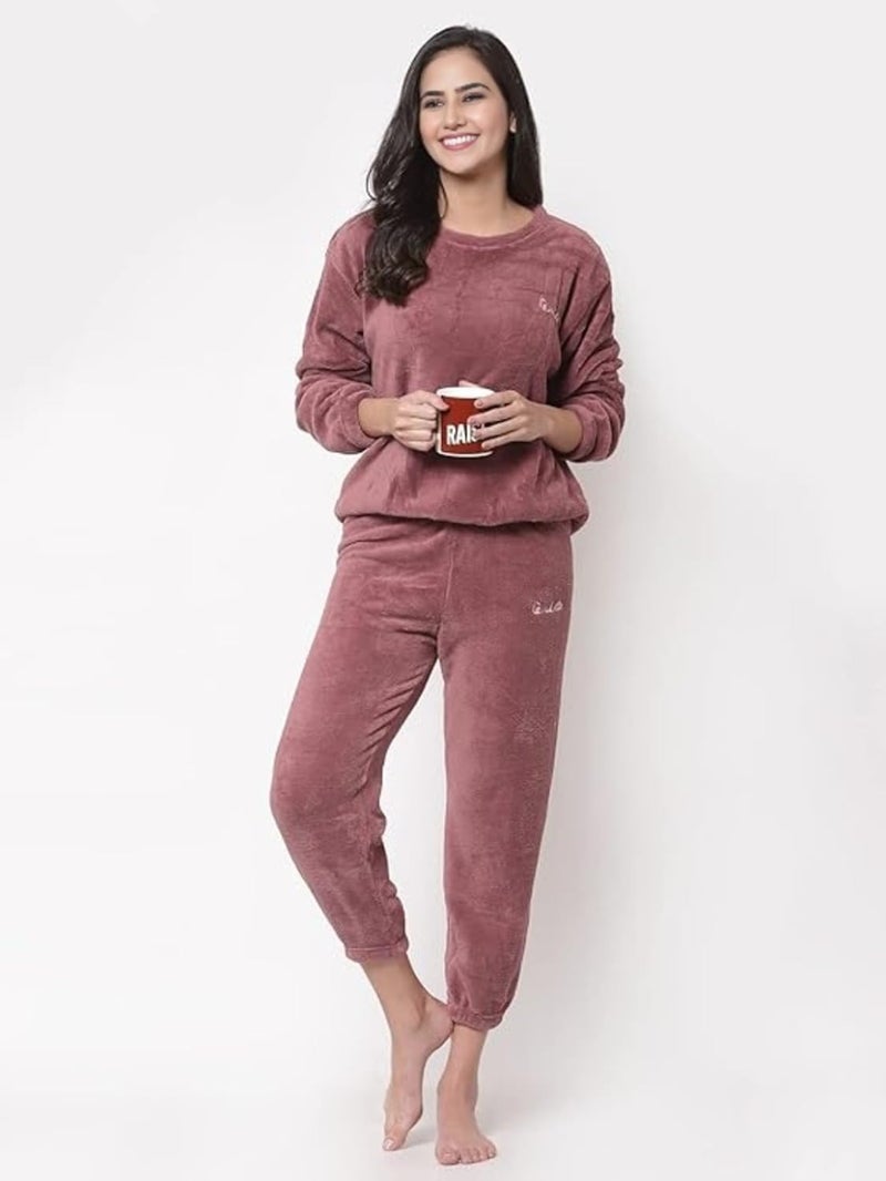 Ukal Combo Pack of 2 Women Winter Nightsuit Ladies Fur Nightwear Warm Night Suit Girls Pyjama Women's Top Pajama Pants Regular Fit Pyjama Set (L, Maroon_Brown) - Image 3