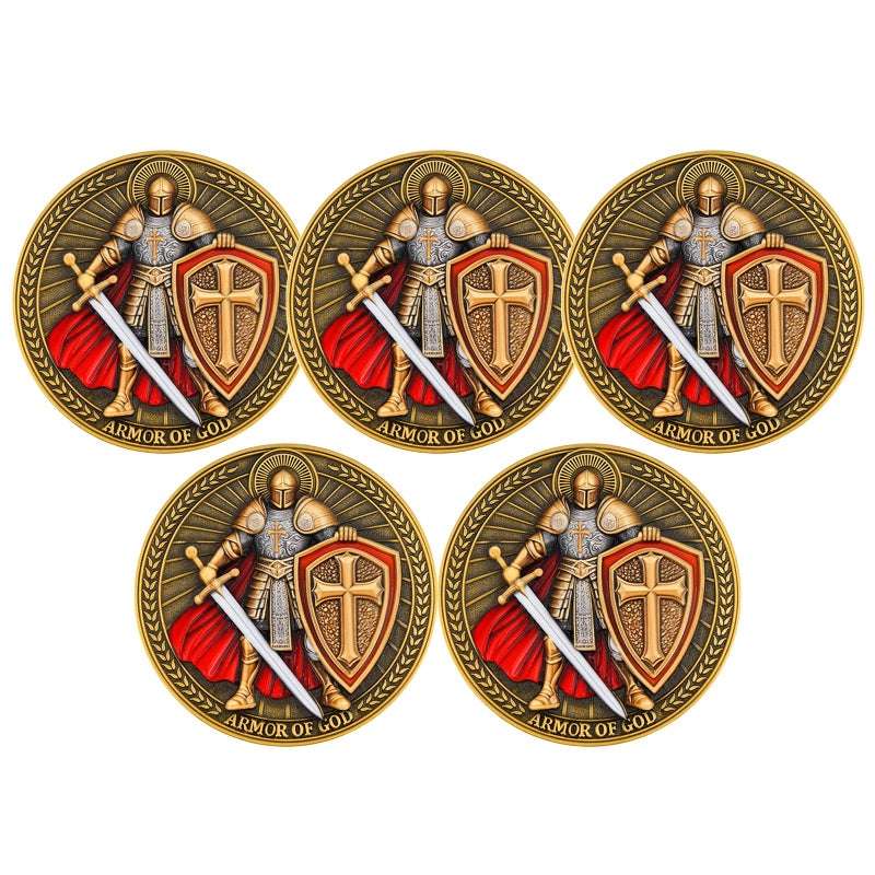 Leabet 5Pcs Armor of God Christian Challenge Coin DoubleSided Zinc Alloy Collectible with Antique Finish Multicolor Featuring Ephesians 611 - Image 3