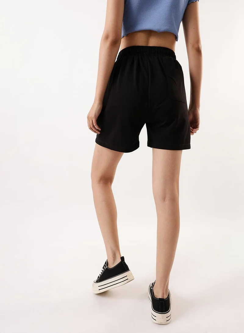 Dennis Lingo Women's Black Cotton Blend Solid Cropped Athleisure Relaxed Athleisure Shorts