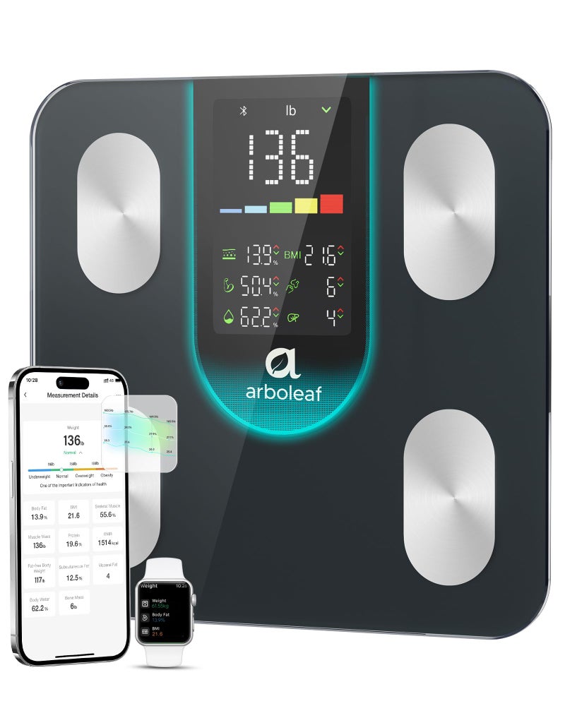 arboleaf Smart Scale for Body Weight and Fat, High-Precision Digital Bathroom Scale with 4-Electrode BIA, 7-in-1 Display for BMI Body Fat Muscle Mass, 14 Metrics in App, Trend Tracking, Max 400lb - Image 1
