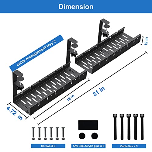 BIWIST No Drilling Extendable Under Desk Cable Management, Metal Cable Management Tray Under Desk with Clamp, Retractable Power Strip Cord Holder for Wire Management 31Inch(1 Pack Black Extendable 31') - Image 4