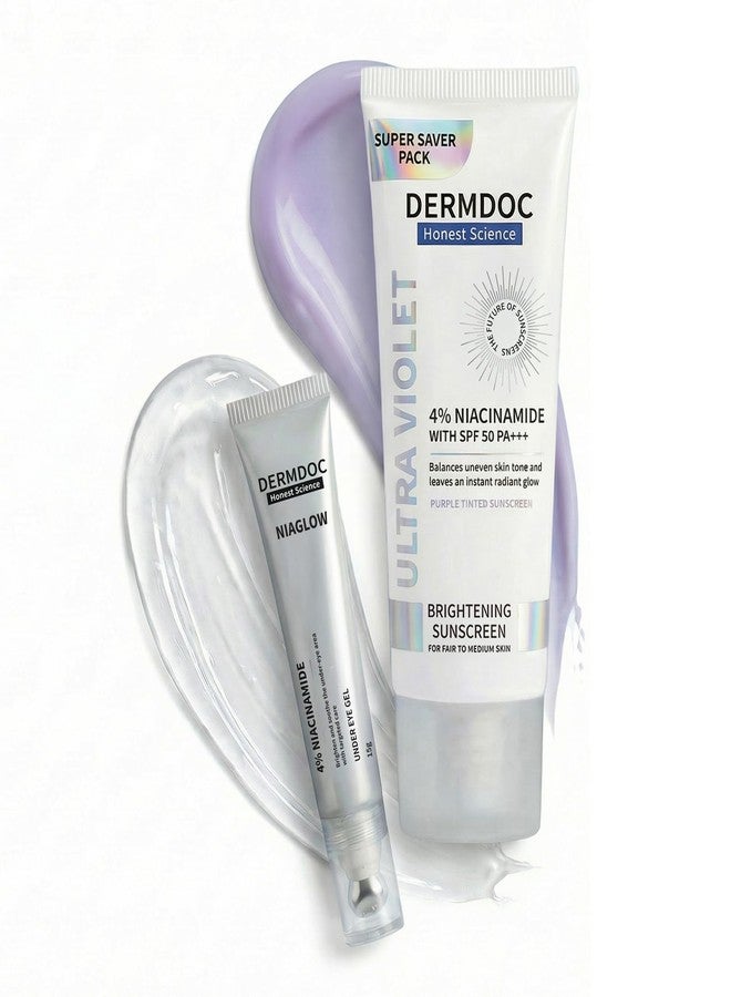DERMDOC Morning Refresh Duo - SPF 50 Ultra Violet Purple Brightening Sunscreen with 4% Niacinamide (100g) & Niaglow 4% Niacinamide Under Eye Gel (15gm) | Tinted Sunscreen | Reduces Dark Circles & Puffiness - Image 1