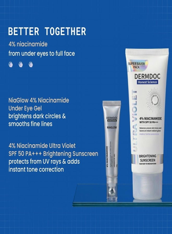 DERMDOC Morning Refresh Duo - SPF 50 Ultra Violet Purple Brightening Sunscreen with 4% Niacinamide (100g) & Niaglow 4% Niacinamide Under Eye Gel (15gm) | Tinted Sunscreen | Reduces Dark Circles & Puffiness - Image 3