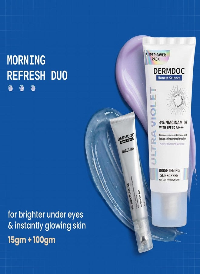 DERMDOC Morning Refresh Duo - SPF 50 Ultra Violet Purple Brightening Sunscreen with 4% Niacinamide (100g) & Niaglow 4% Niacinamide Under Eye Gel (15gm) | Tinted Sunscreen | Reduces Dark Circles & Puffiness - Image 2