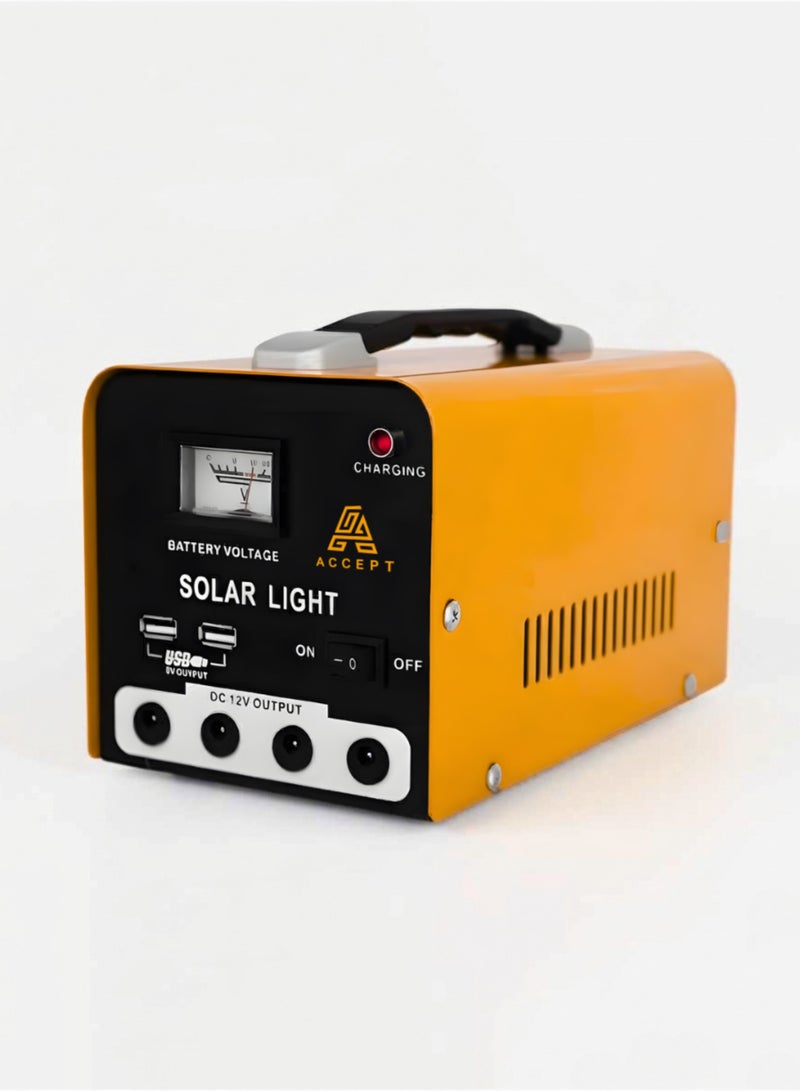 ACCEPT Hybrid Solar Power Kit for Camping: 6Ah Lithium Battery, Solar Panel, 12V AC Charger, 4x Bright LED Bulbs & USB Port - Image 2