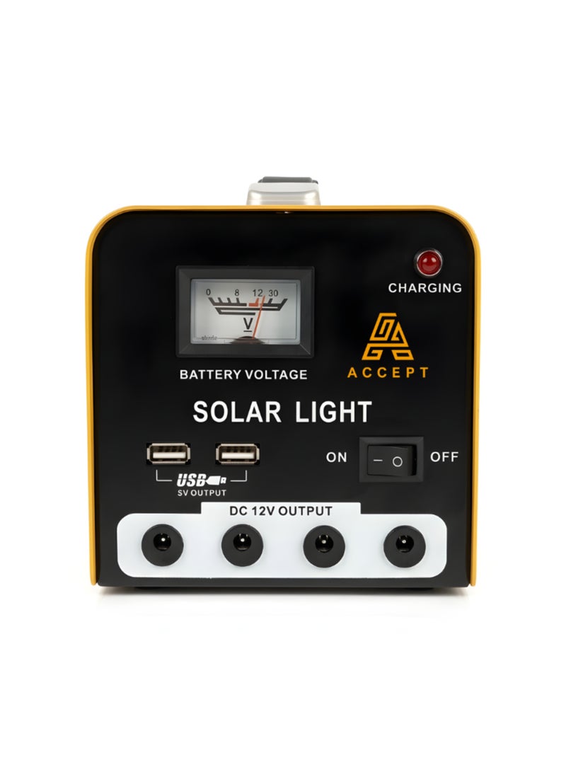 ACCEPT Hybrid Solar Power Kit for Camping: 6Ah Lithium Battery, Solar Panel, 12V AC Charger, 4x Bright LED Bulbs & USB Port - Image 3