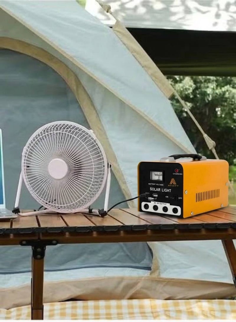 اكسبت منظومة طاقة شمسية هجينة للرحلات ببطارية ليثيوم  تشمل لوح شمسي، شاحن كهرباء 12V، و4 لمبات LED قوية مع شاحن جوال - Image 1