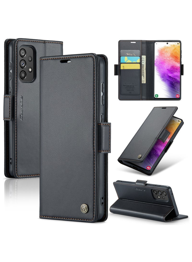 CaseMe Flip Wallet Case For Samsung Galaxy A73 5G RFID Blocking PU Leather Wallet Flip Folio Case with Card Holder Kickstand Shockproof Phone Cover - Black - Image 1