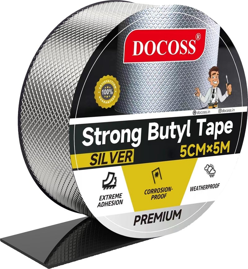 DOCOSS -Adhesive Waterproof Tape for Roof and Pipe Leakage Repair Heavy Duty Aluminium & Butyl Sealant for Water Tank,Ducts- Leak Proof,Waterproofing Tape (Diamond Aluminium(5cmx5m) - Image 1