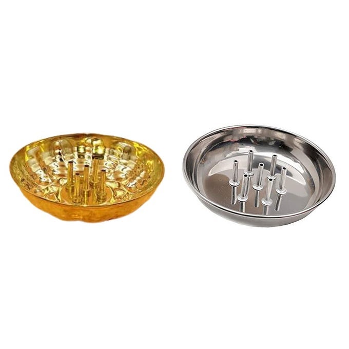 Combo Pack Agarbatti Stand with Plate Stainless Steel Incense Holder with Gold Brass Agarbatti Holder with Ash Catcher Plate Pack of 2