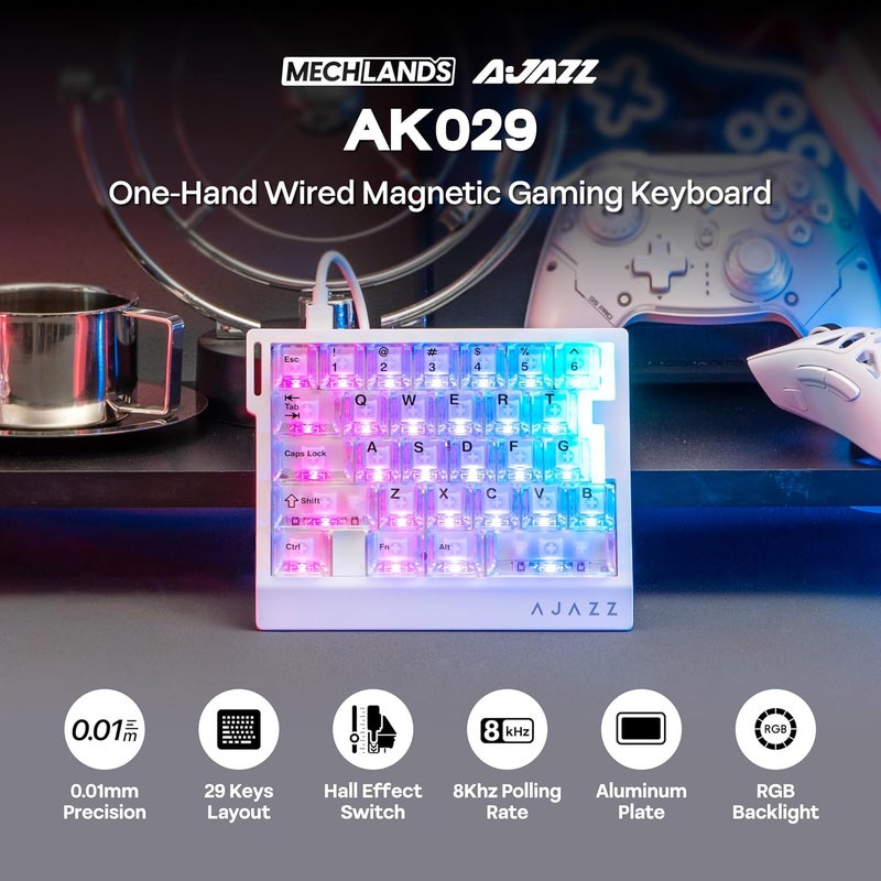 ميكلاندز لوحة مفاتيح ألعاب بيد واحدة من ميكلاندز AJAZZ AK029، معدل استقصاء 8 كيلو هرتز، 29 مفتاحًا سلكيًا سريعًا، SOCD و DKS، مفتاح مغناطيسي، تشغيل قابل للتعديل، إضاءة خلفية RGB، لوحة ألومنيوم (شفاف أبيض) - Image 2