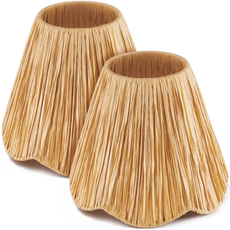 Glooglitter 2 Pcs Clip-On Chandelier Lamps Shade Small Scalloped Lampshade 3"Top x 6"Bottom x 5-1/4"Slant Height Brown Lamp Shade Chandelier or Accent Lamp (Raffia) - Image 1