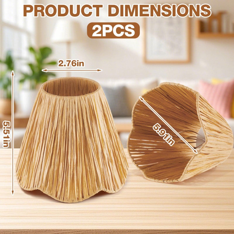 Glooglitter 2 Pcs Clip-On Chandelier Lamps Shade Small Scalloped Lampshade 3"Top x 6"Bottom x 5-1/4"Slant Height Brown Lamp Shade Chandelier or Accent Lamp (Raffia) - Image 2