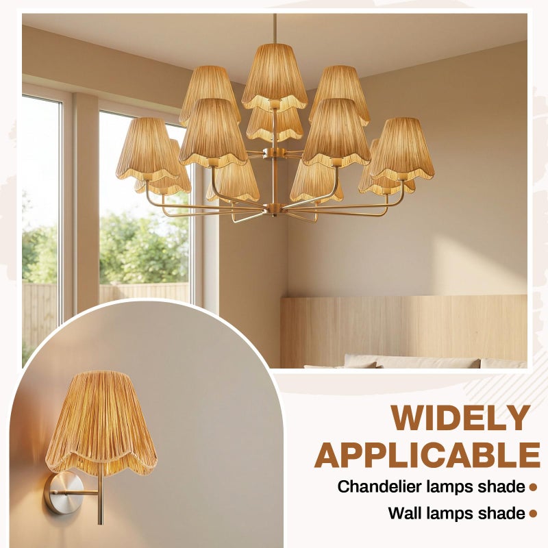 Glooglitter 2 Pcs Clip-On Chandelier Lamps Shade Small Scalloped Lampshade 3"Top x 6"Bottom x 5-1/4"Slant Height Brown Lamp Shade Chandelier or Accent Lamp (Raffia) - Image 3