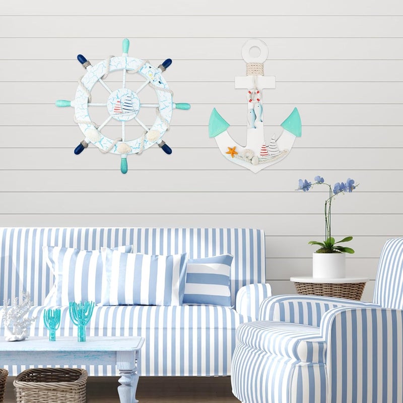 Meching 2 Pack 11" Nautical Beach Wooden Ship Wheel and 11" Wooden Anchor with Sailboat Nautical Boat Steering Wheel Rudder Anchor Wall Art Decor Door Hanging Ornament Beach Theme Home Decoration(Light Blue) - Image 2