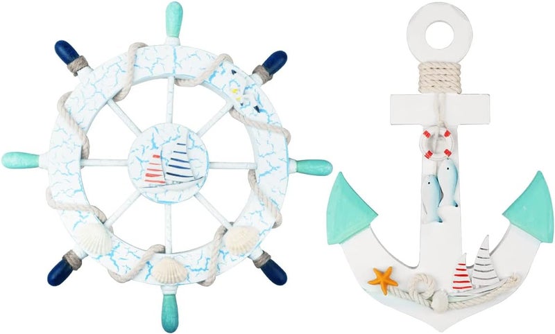 Meching 2 Pack 11" Nautical Beach Wooden Ship Wheel and 11" Wooden Anchor with Sailboat Nautical Boat Steering Wheel Rudder Anchor Wall Art Decor Door Hanging Ornament Beach Theme Home Decoration(Light Blue) - Image 1