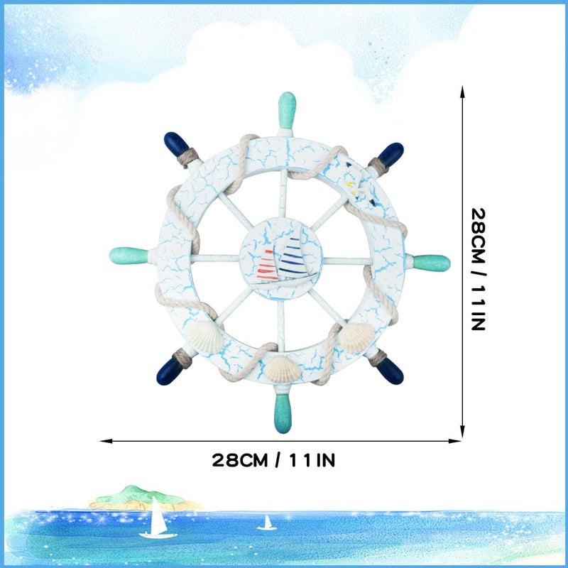 Meching 2 Pack 11" Nautical Beach Wooden Ship Wheel and 11" Wooden Anchor with Sailboat Nautical Boat Steering Wheel Rudder Anchor Wall Art Decor Door Hanging Ornament Beach Theme Home Decoration(Light Blue) - Image 5